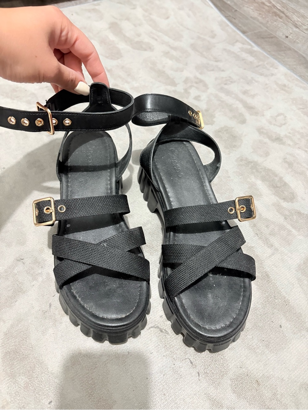 Women's Black Strappy Platform Sandals with Buckle Detail